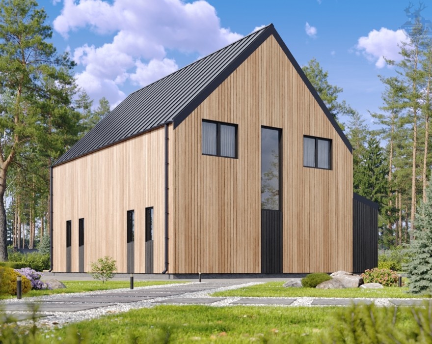 КД-990: двухэтажный каркасный дом с панорамными окнами и вторым светом