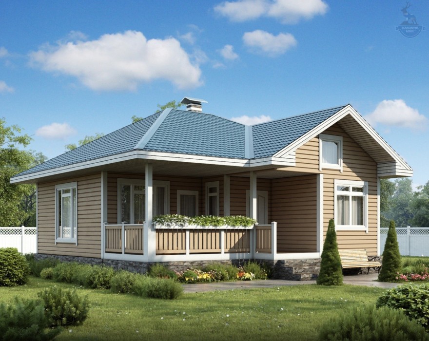 КД-760: одноэтажный каркасный дом с террасой и вторым светом