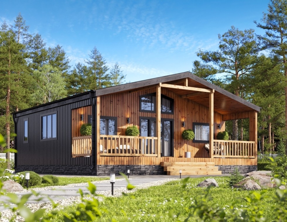 КД-1010: одноэтажный дом в стиле BarnHouse с террасой и крыльцом
