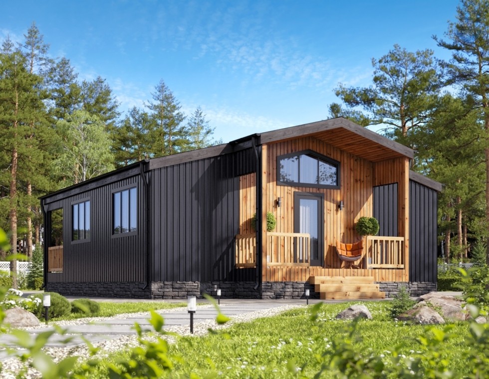 КД-1010: одноэтажный дом в стиле BarnHouse с террасой и крыльцом