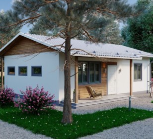 КД-340: одноэтажный каркасный дом с двускатной кровлей и террасой