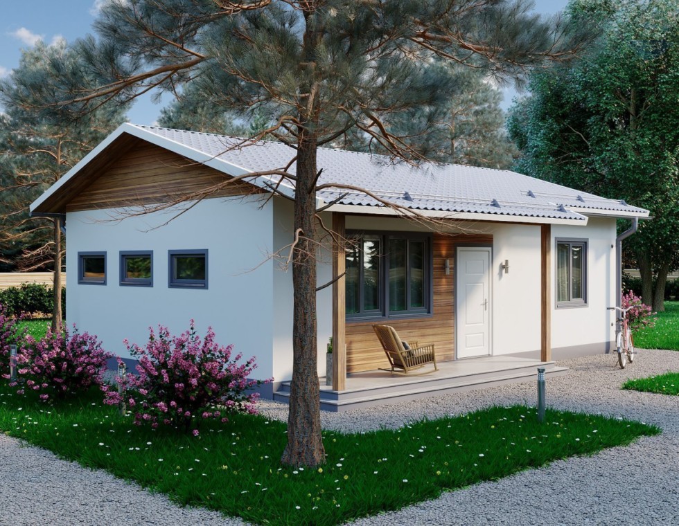 КД-340: одноэтажный каркасный дом с двускатной кровлей и террасой