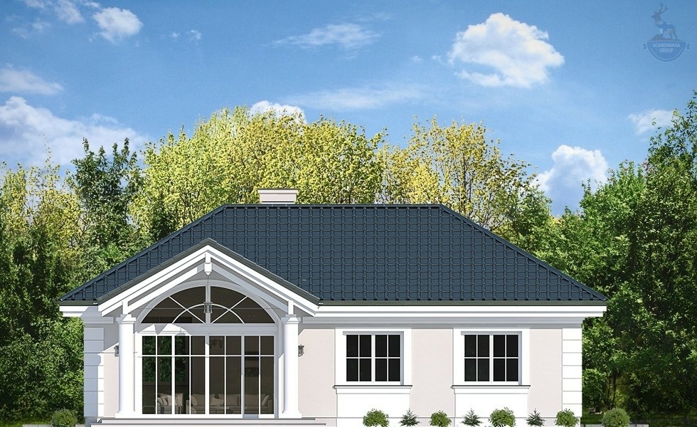 КД-420: каркасный дом с террасой и панорамным остеклением