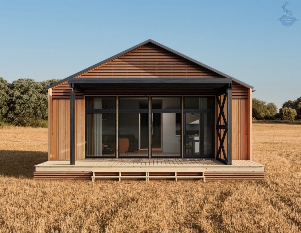 КД-670: одноэтажный барнхаус с террасой и высокими потолками