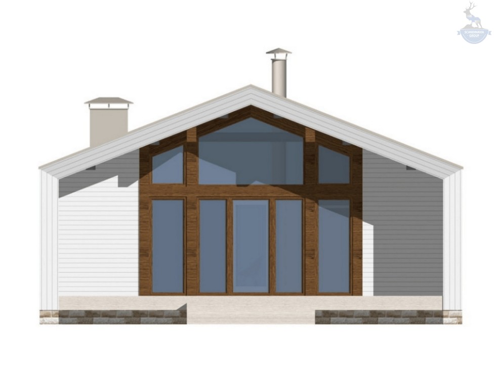 КД-720: одноэтажный каркасный дом с открытой верандой и панорамными окнами