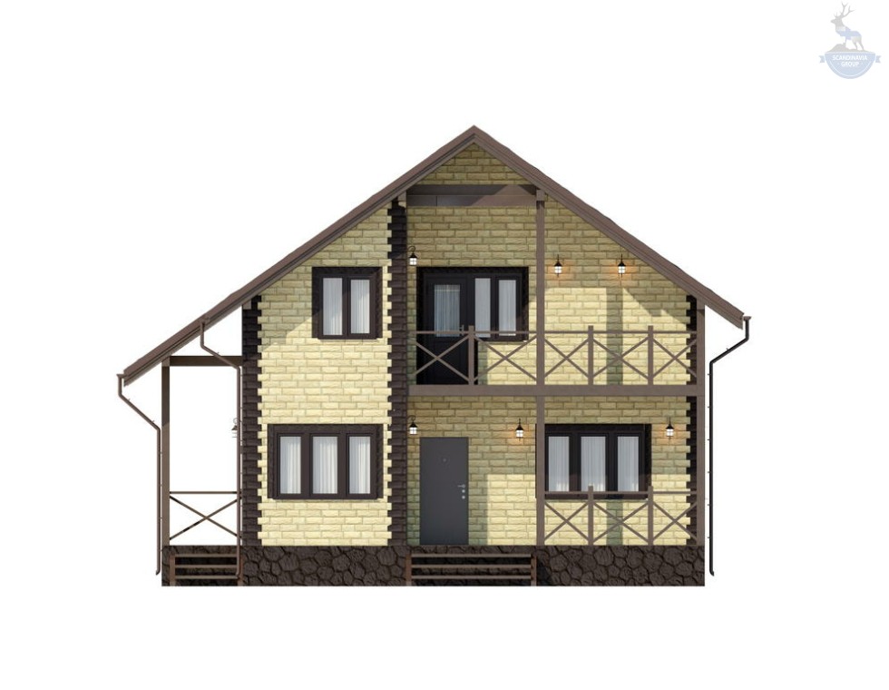 КД-80: двухэтажный каркасный дом с 2-мя террасами и балконом