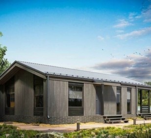 КД-860: одноэтажный каркасный дом с открытой верандой и сауной