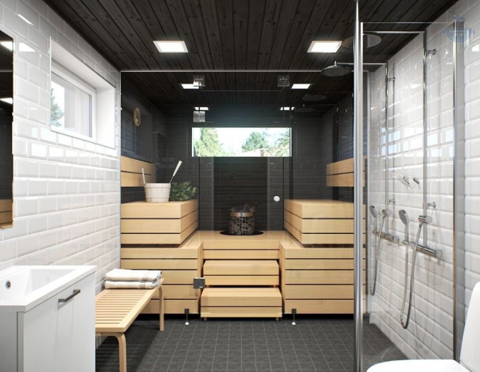 КД-860: одноэтажный каркасный дом с открытой верандой и сауной