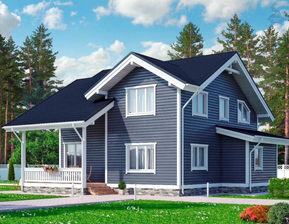 КД-910: двухэтажный каркасный дом с террасой, крыльцом и вторым светом