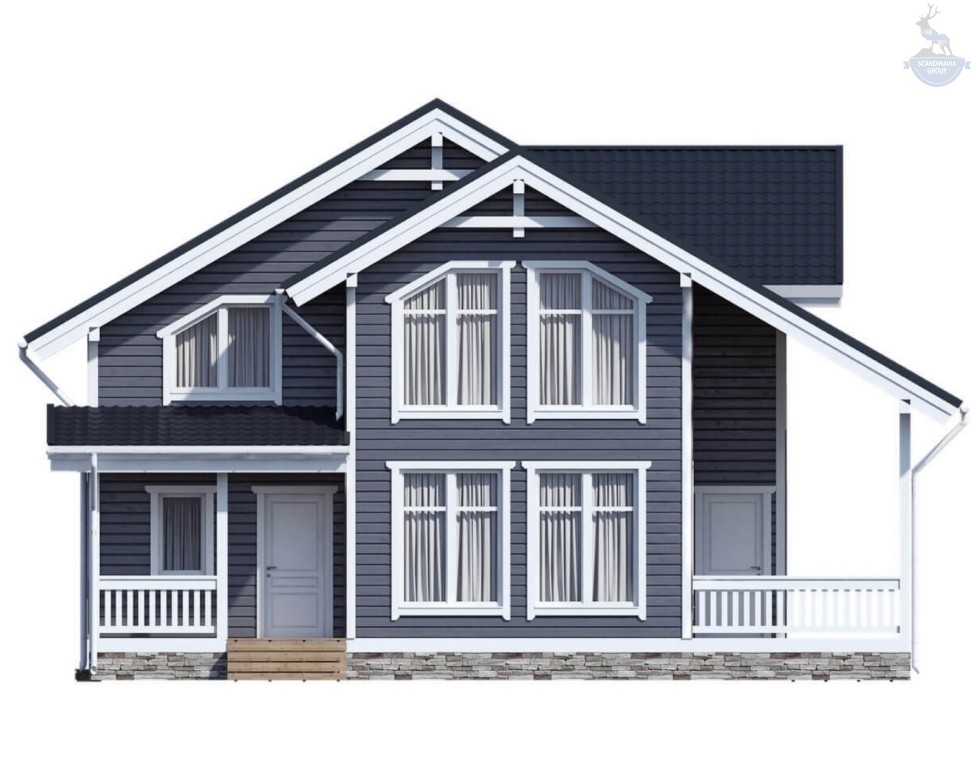 КД-910: двухэтажный каркасный дом с террасой, крыльцом и вторым светом