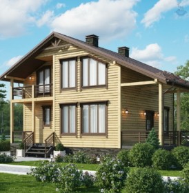 КД-120: двухэтажный каркасный дом с крыльцом, балконом и террасой