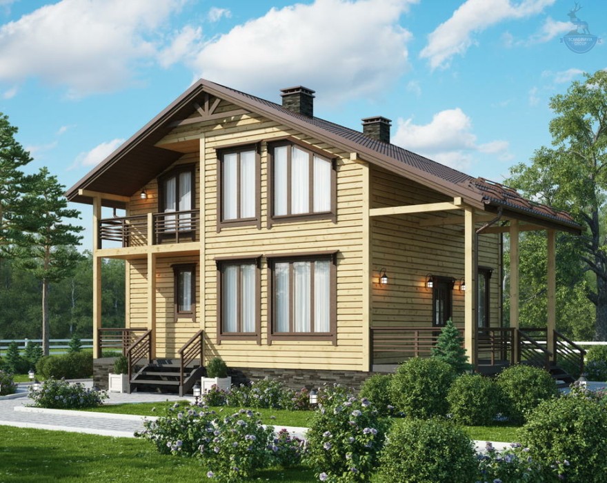 КД-120: двухэтажный каркасный дом с крыльцом, балконом и террасой