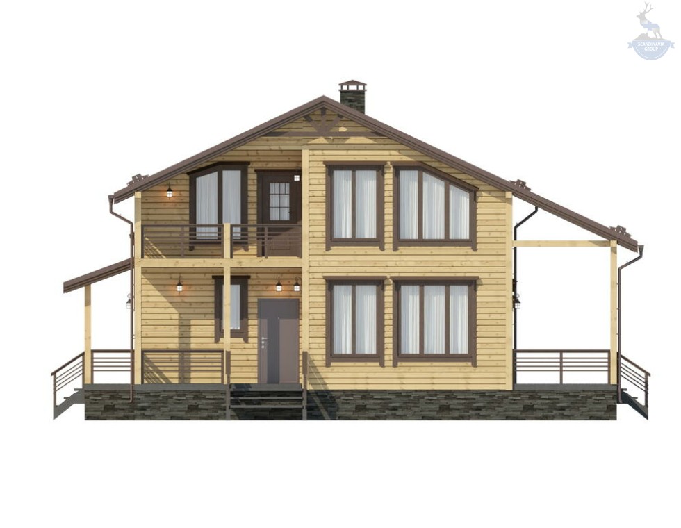 КД-120: двухэтажный каркасный дом с крыльцом, балконом и террасой