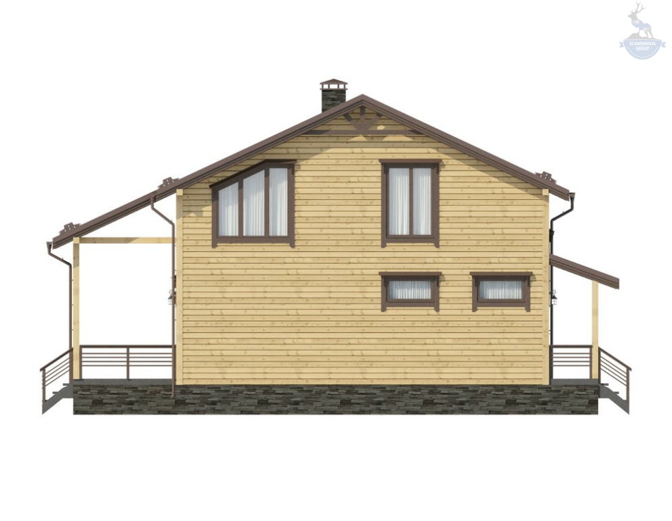 КД-120: двухэтажный каркасный дом с крыльцом, балконом и террасой
