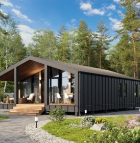 КД-380: одноэтажный каркасный дом с террасой и панорамными окнами