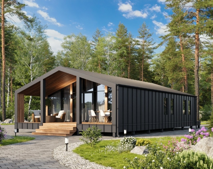 КД-380: одноэтажный каркасный дом с террасой и панорамными окнами