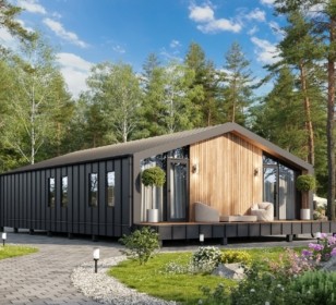 КД-380: одноэтажный каркасный дом с террасой и панорамными окнами