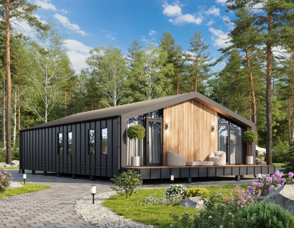 КД-380: одноэтажный каркасный дом с террасой и панорамными окнами