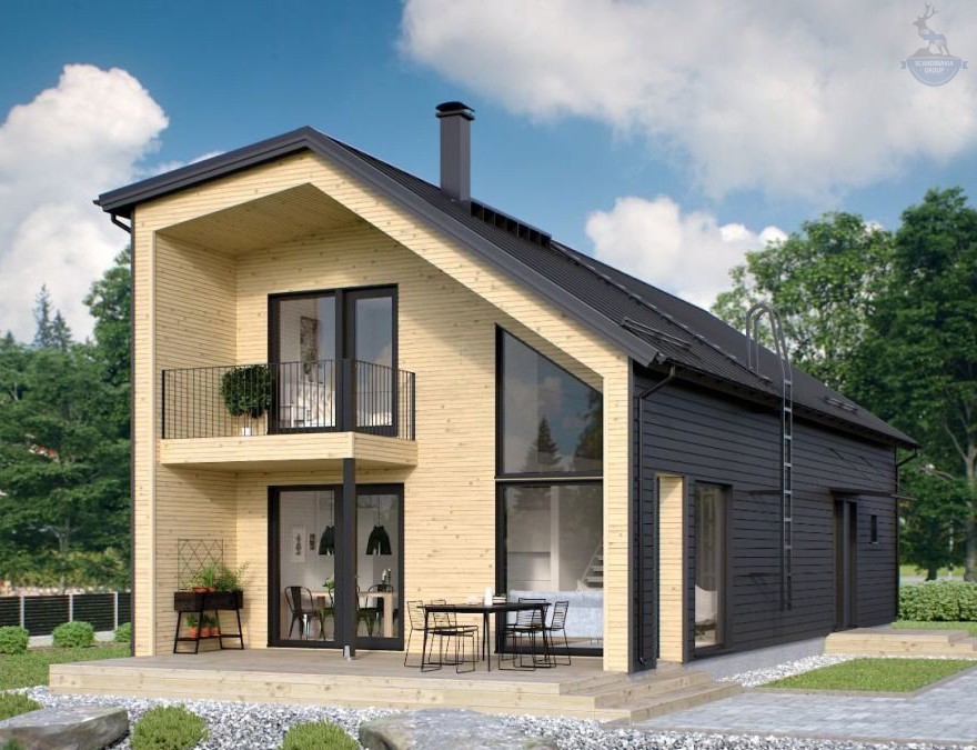 КД-460: двухэтажный каркасный дом с балконом и крыльцом