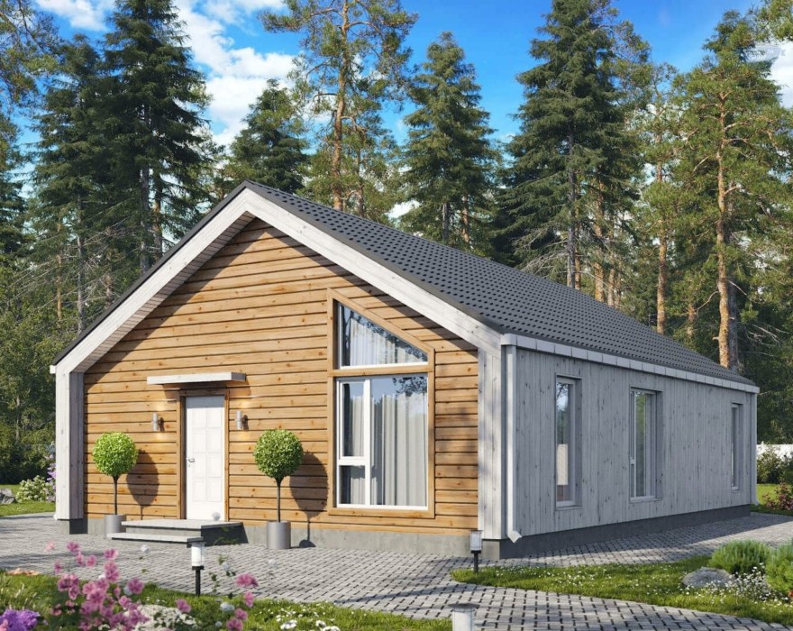 КД-830: одноэтажный каркасный дом с двухскатной крышей