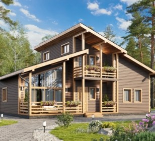 КД-940: двухэтажный каркасный дом с панорамными окнами и верандой