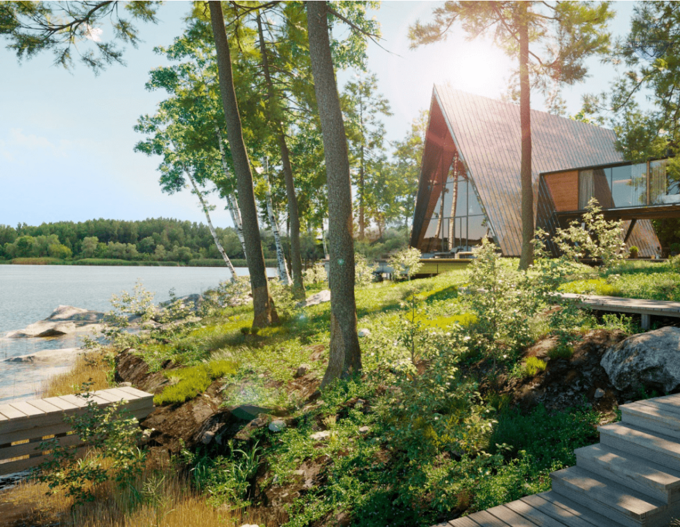 КД-630: двухэтажный каркасный дом с панорамными окнами и двумя террасами