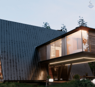 КД-630: двухэтажный каркасный дом с панорамными окнами и двумя террасами