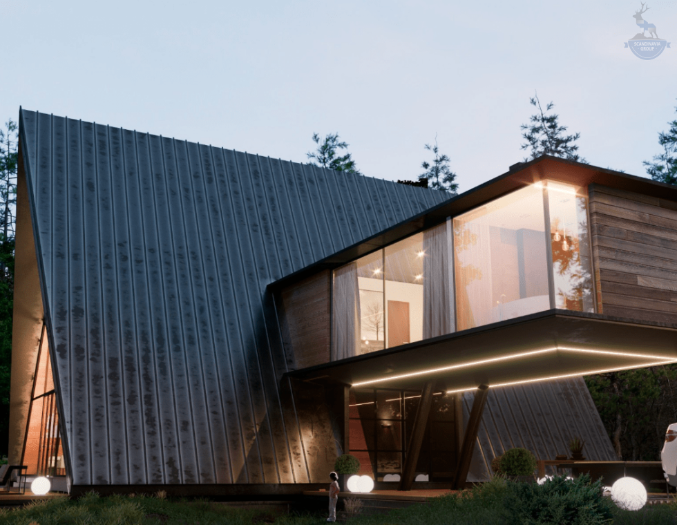 КД-630: двухэтажный каркасный дом с панорамными окнами и двумя террасами