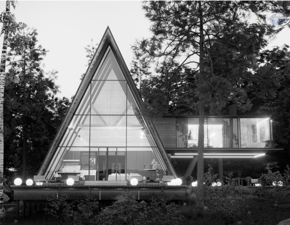 КД-630: двухэтажный каркасный дом с панорамными окнами и двумя террасами