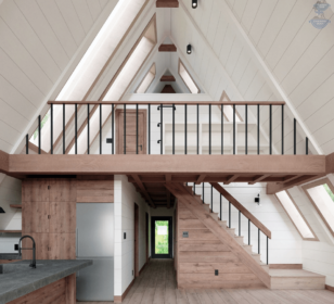 КД-630: двухэтажный каркасный дом с панорамными окнами и двумя террасами