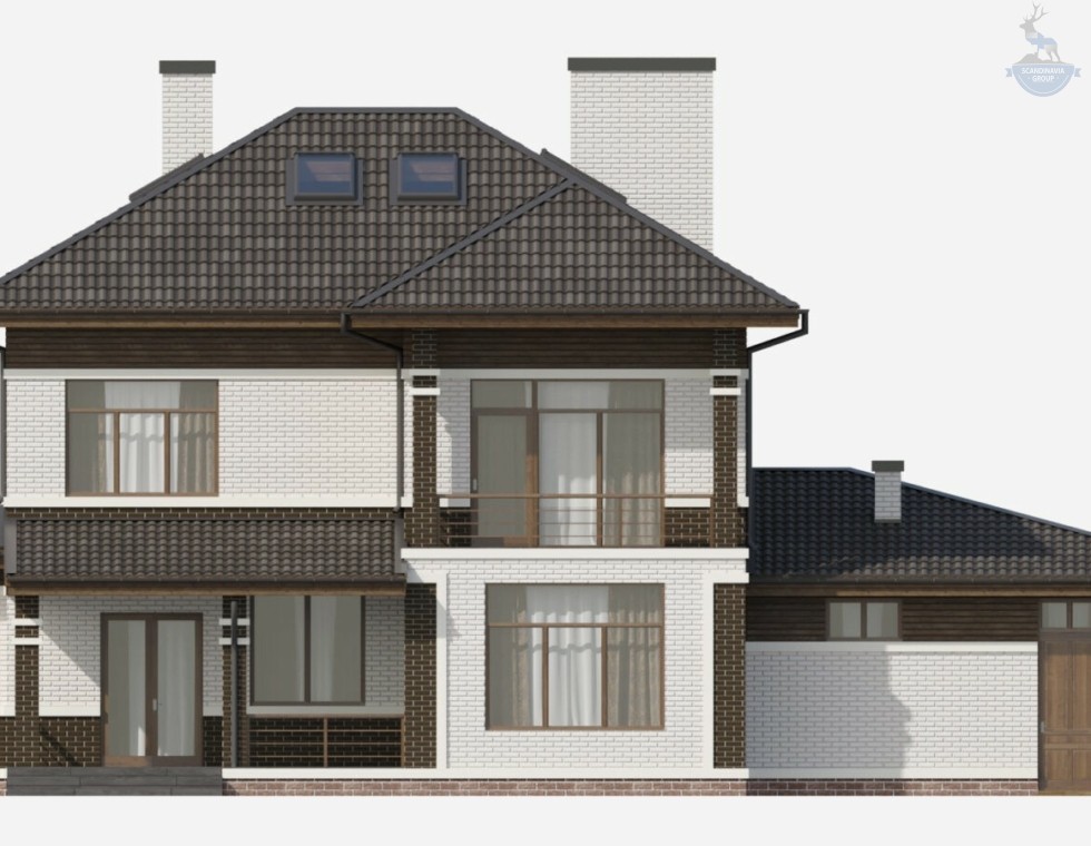 КД-400: двухэтажный каркасный дом с мансардой и гаражом
