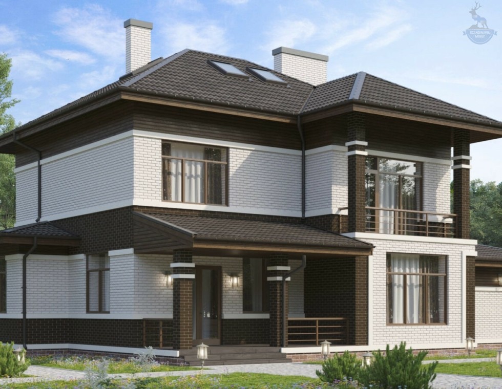 КД-400: двухэтажный каркасный дом с мансардой и гаражом