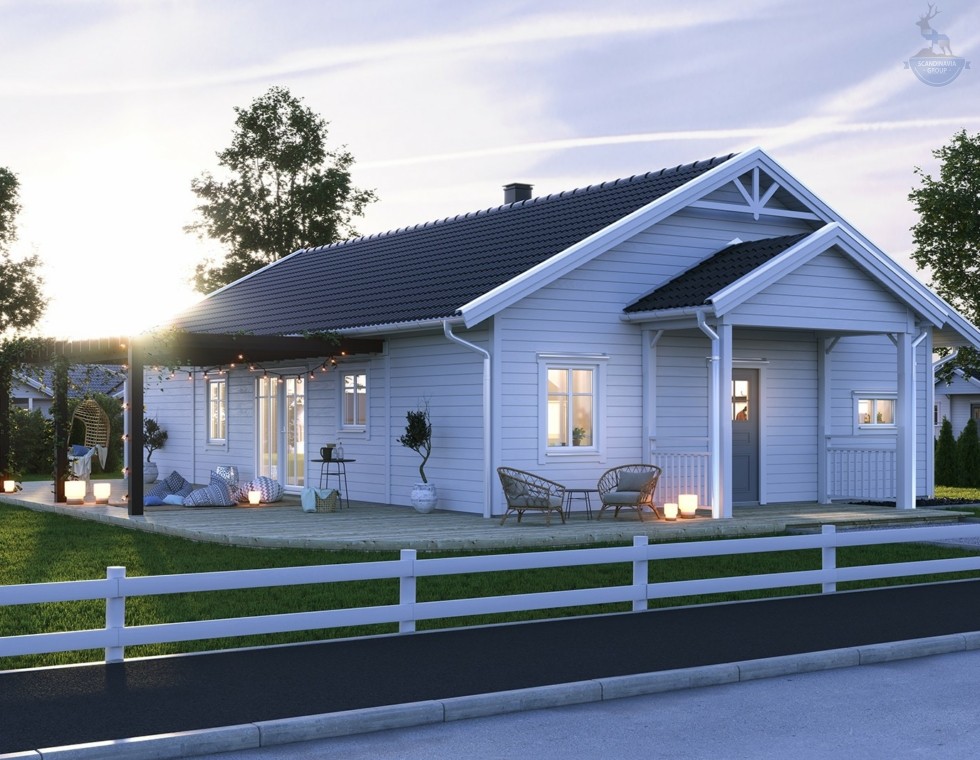 КД-550: одноэтажный каркасный дом с террасой и котельной