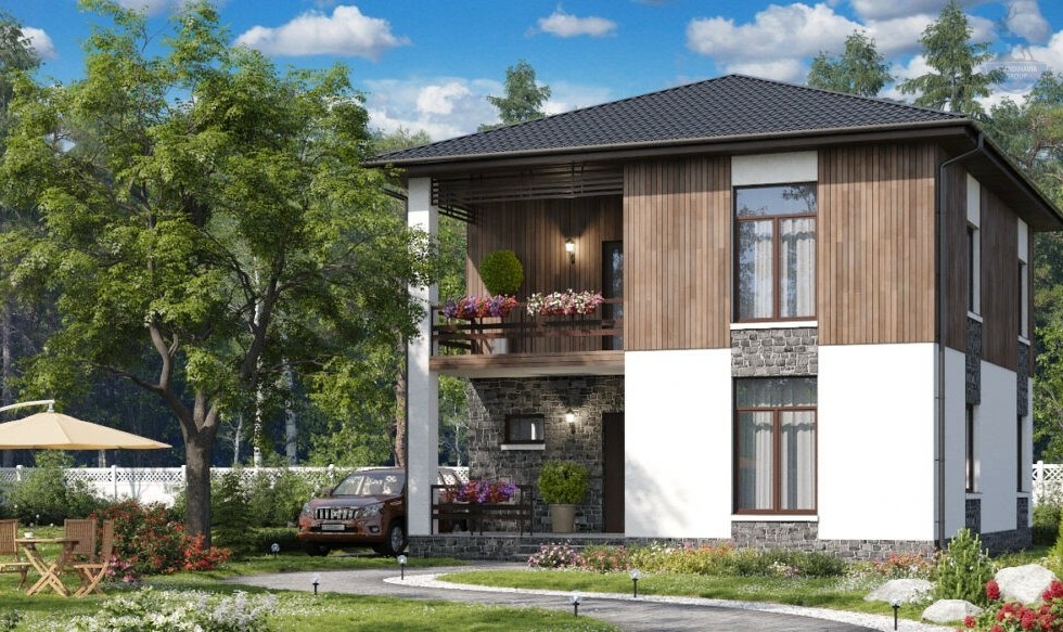 КД-730: двухэтажный каркасный дом с террасой и балконом