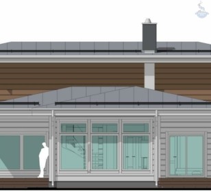 КД-740: двухэтажный каркасный дом с панорамными окнами и сауной