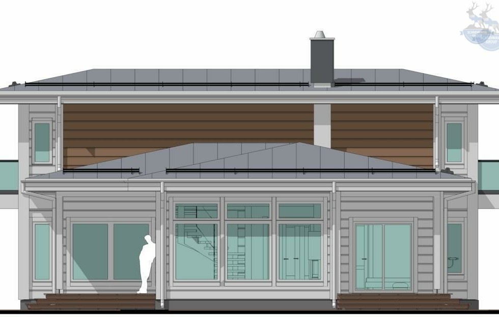 КД-740: двухэтажный каркасный дом с панорамными окнами и сауной