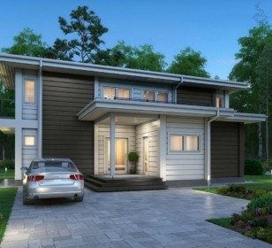 КД-740: двухэтажный каркасный дом с панорамными окнами и сауной