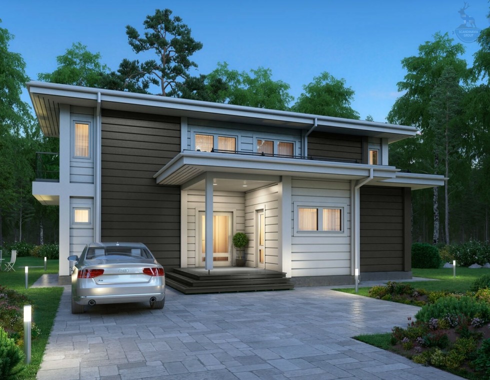 КД-740: двухэтажный каркасный дом с панорамными окнами и сауной