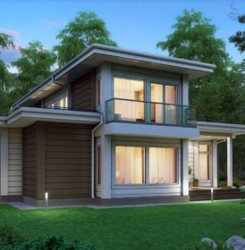 КД-740: двухэтажный каркасный дом с панорамными окнами и сауной