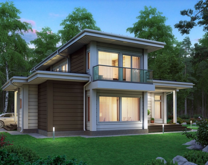 КД-740: двухэтажный каркасный дом с панорамными окнами и сауной