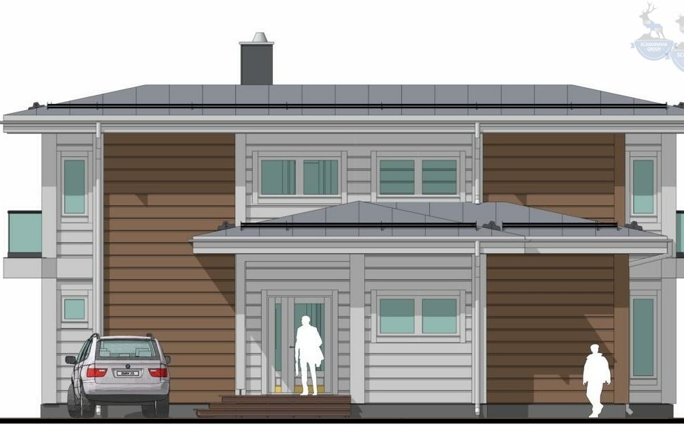 КД-740: двухэтажный каркасный дом с панорамными окнами и сауной