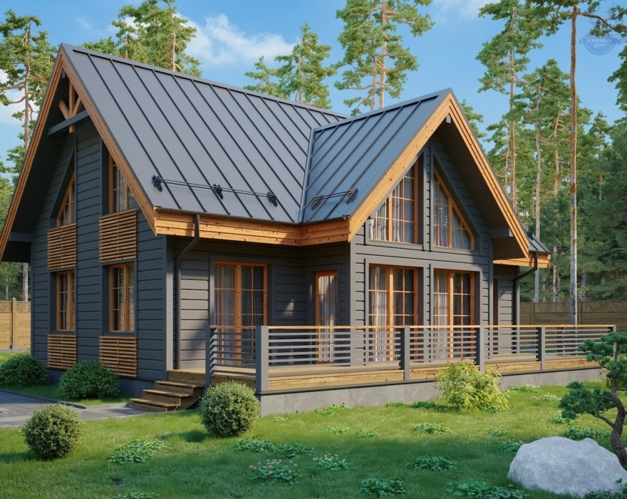 КД-800: двухэтажный каркасный дом с высокими потолками