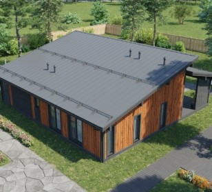 КД-810: одноэтажный каркасный дом с высокими потолками и узкими окнами