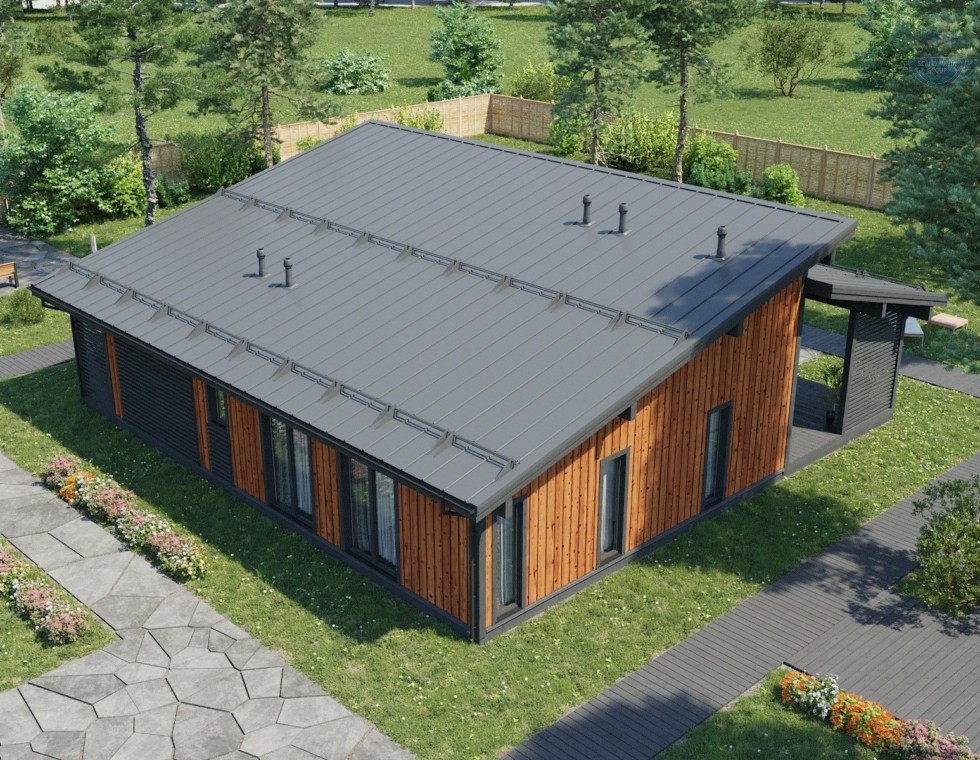 КД-810: одноэтажный каркасный дом с высокими потолками и узкими окнами