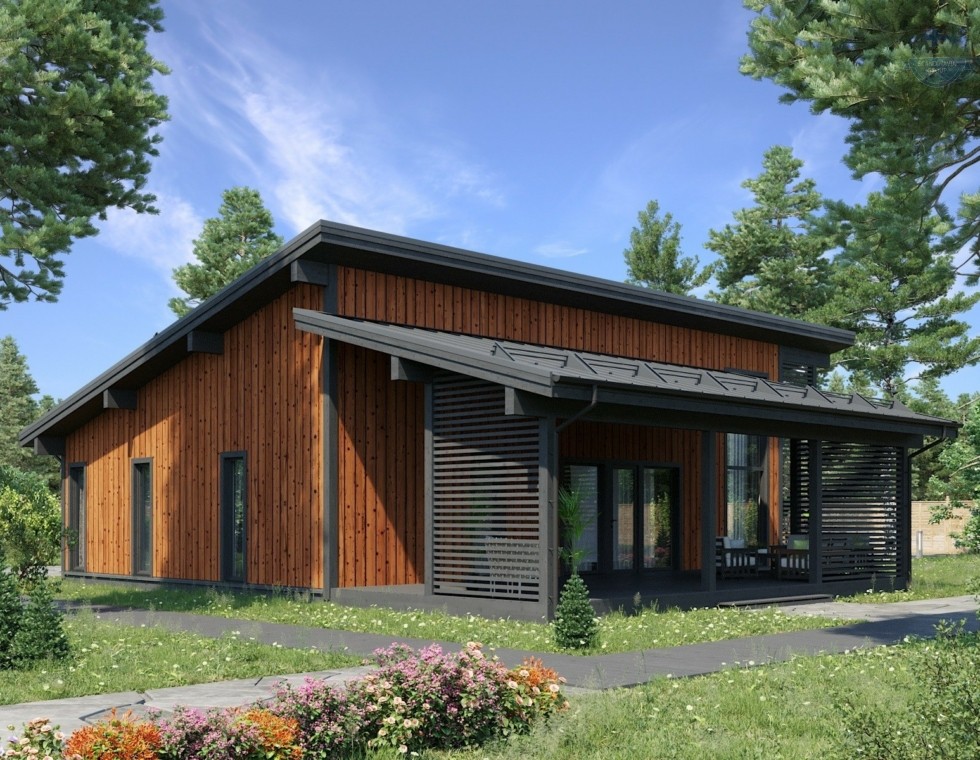 КД-810: одноэтажный каркасный дом с высокими потолками и узкими окнами