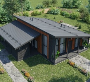 КД-810: одноэтажный каркасный дом с высокими потолками и узкими окнами