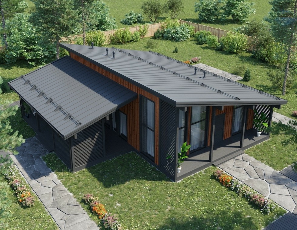 КД-810: одноэтажный каркасный дом с высокими потолками и узкими окнами