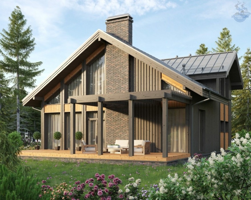 КД-820: двухэтажный каркасный дом с террасой и сауной