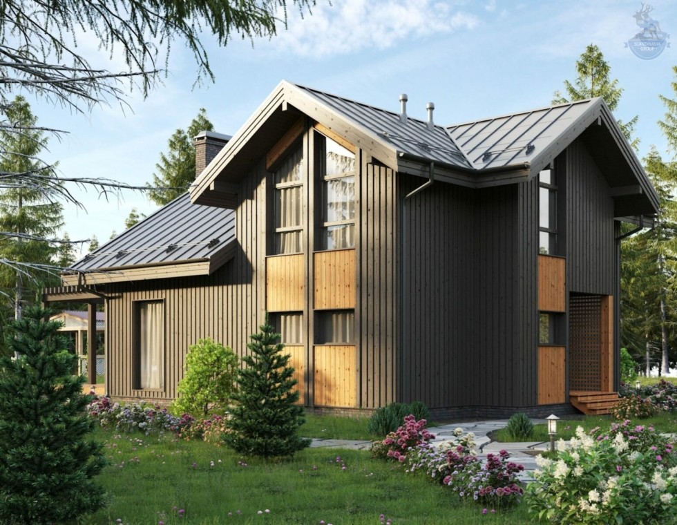 КД-820: двухэтажный каркасный дом с террасой и сауной