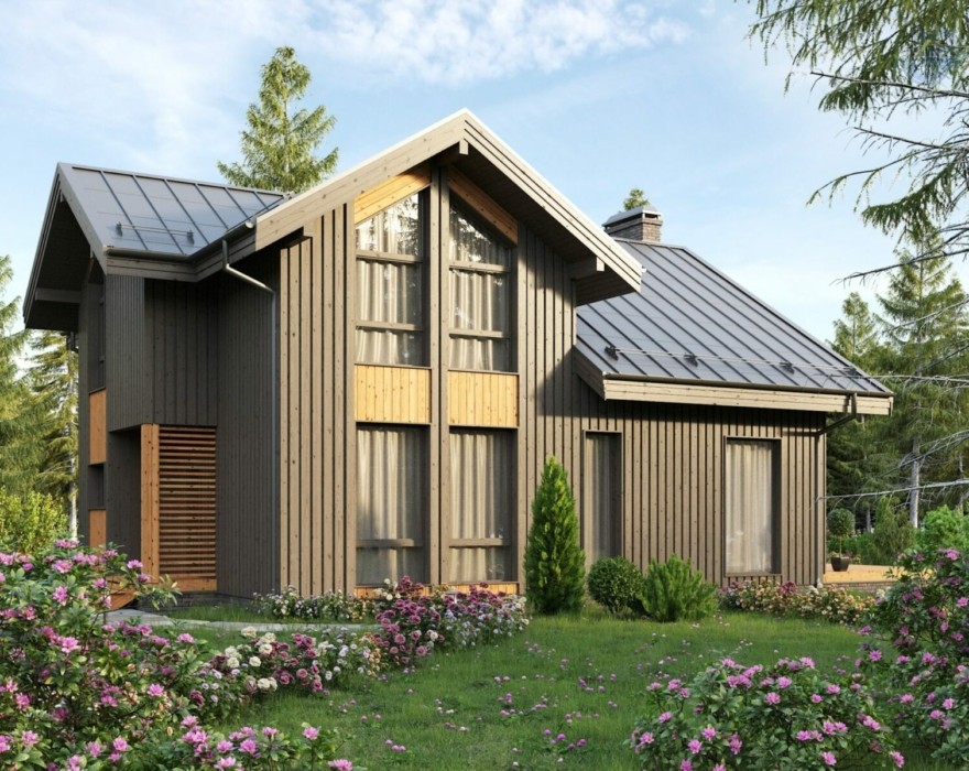 КД-820: двухэтажный каркасный дом с террасой и сауной